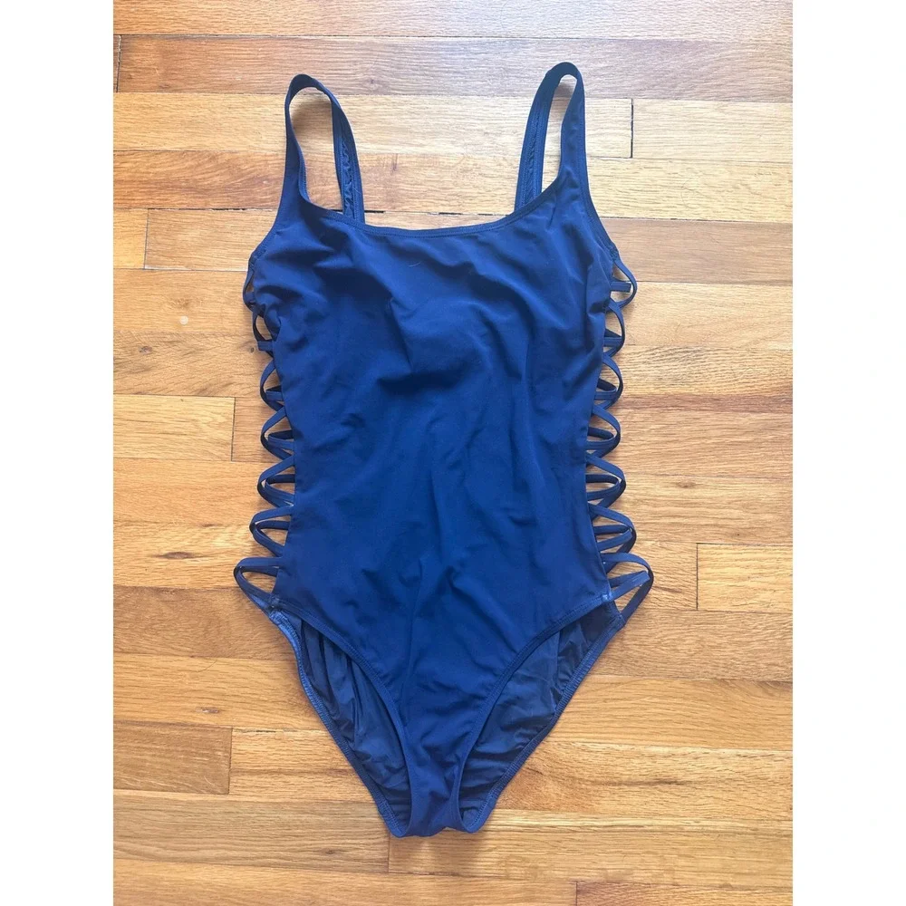 Tory Burch One Piece Swimsuit Navy Blue Lattice Side Strappy Size Medium
